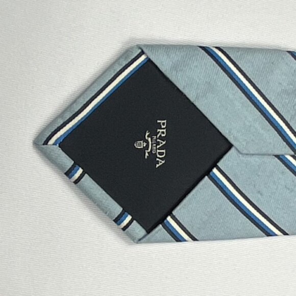 Prada Silk/Linen Blend Blue & White Regimental Stripe Tie 03-5245-8581  Sz. 61" - Picture 3 of 4
